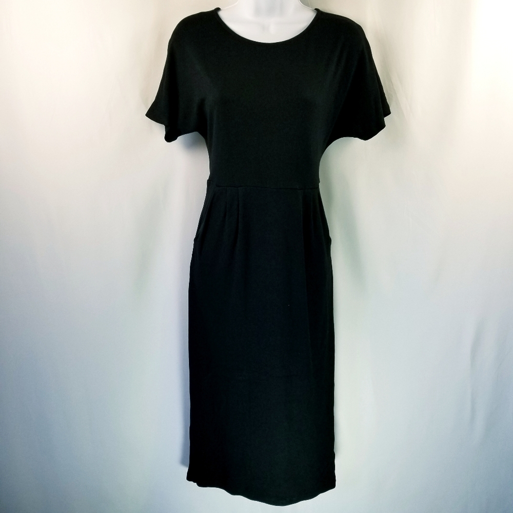 Boden Ponte Dolman Sleeve Pleated Midi Dress w/ Pockets | Black | Size 4